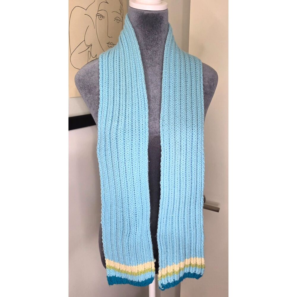 Light Blue Ribbed Knit Scarf with Accent Stripes – Soft Cozy Winter Accessory